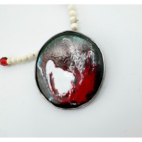 Vintage Handmade Enamel Sterling Silver Artisan Mother of Pearl Bead Necklace - Picture 7 of 14